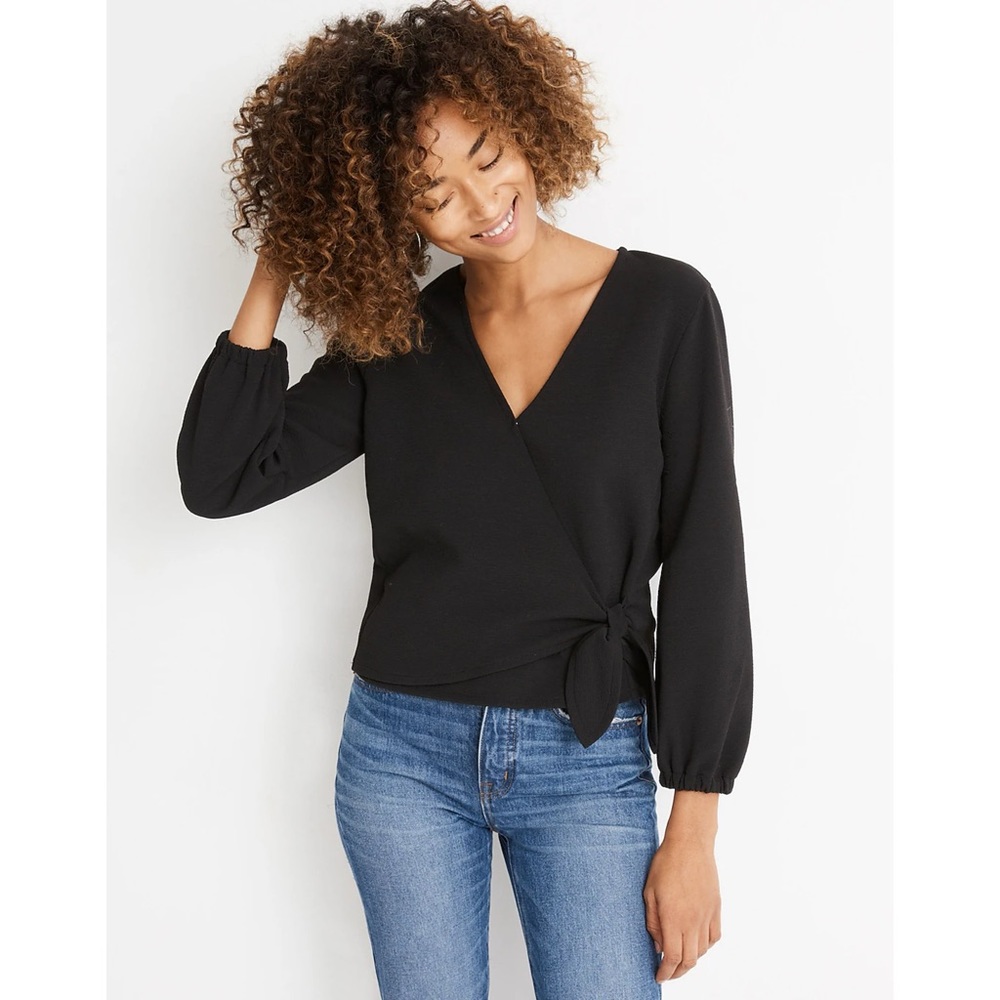 Madewell Texture & Thread Crepe Wrap Top Stretch V-Neck Black Sz S
